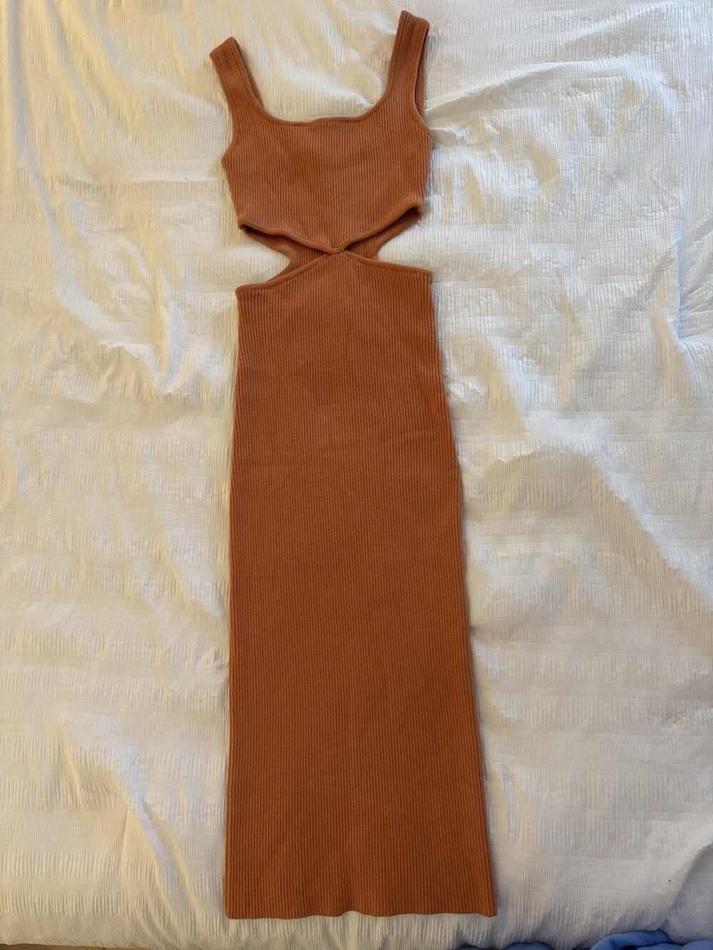 12th Tribe Orange Rust Cutout Dress Coastal Boho Resort Wear Beachy Midi Bodycon